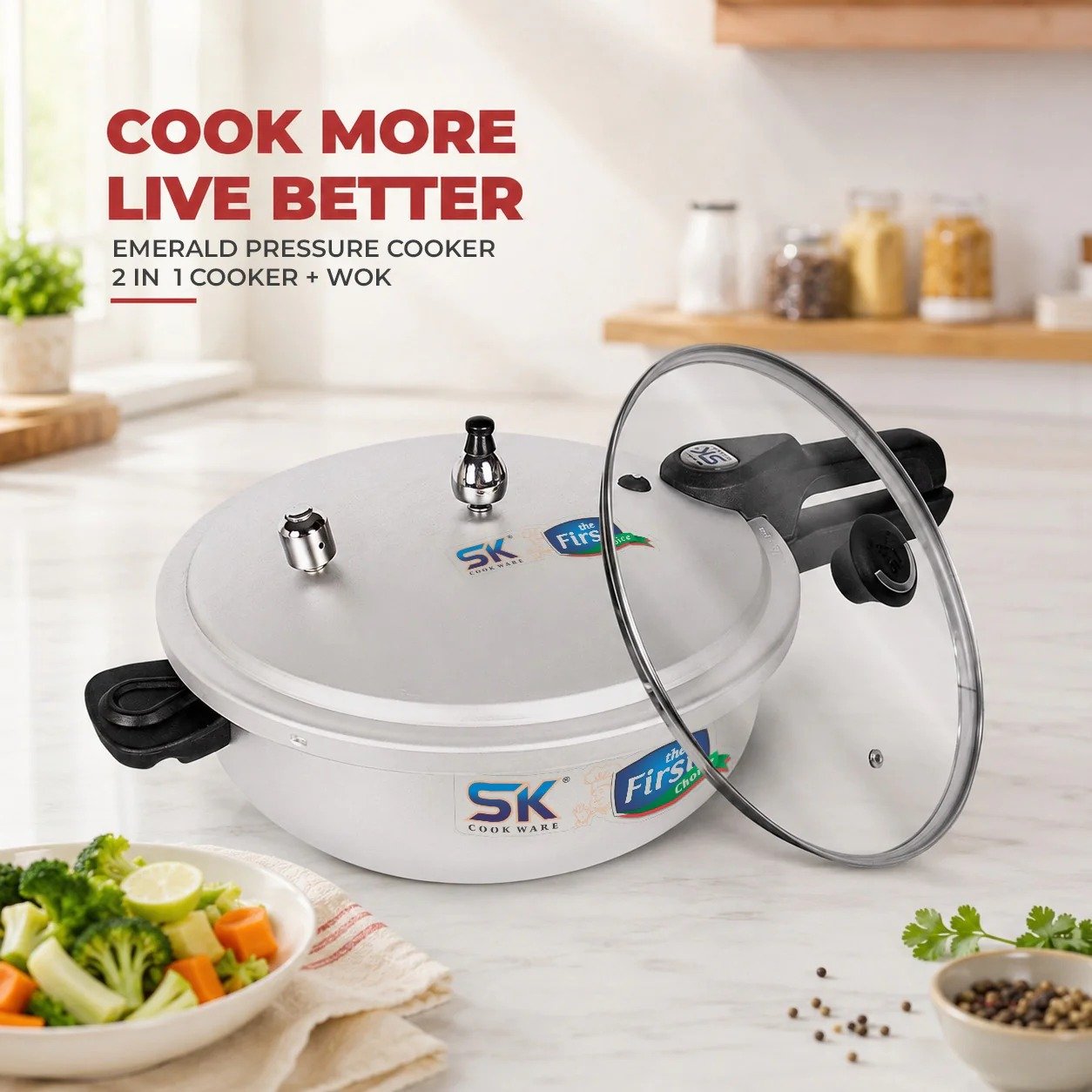 Sk Emerald 2-in-1 Anodized Wok Pressure Cooker & Glass Lid